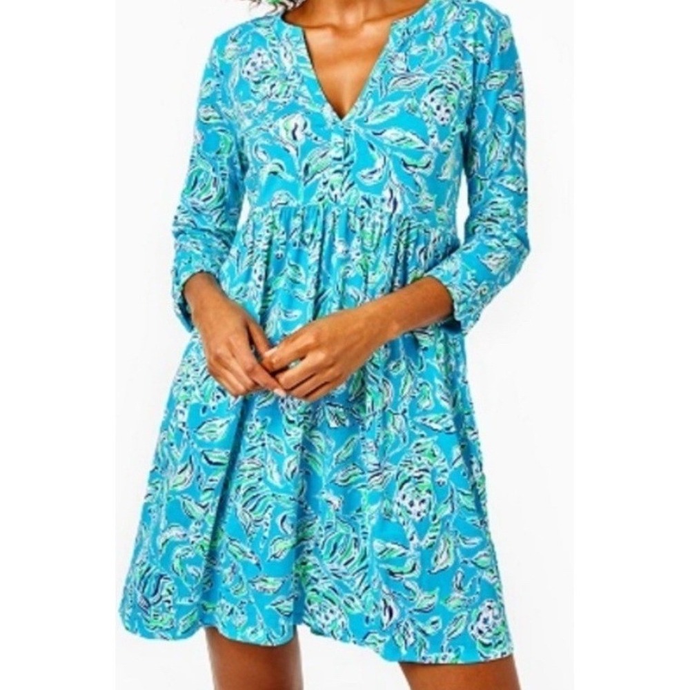 Lilly Pulitzer Loran Swing Dress Blue Floral V-Neck Cotton Knit Mini Size S